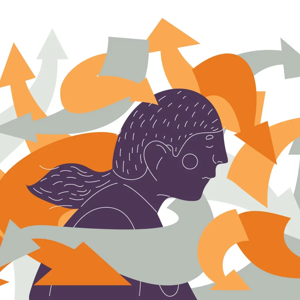 This is an illustration of a woman standing in the center of multiple arrows pointing towards her from all directions. ADHD Treatment for Adults