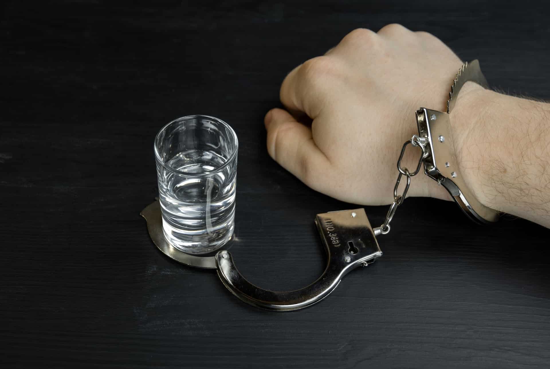 mans hand handcuffed to the glass of vodka or alcohol