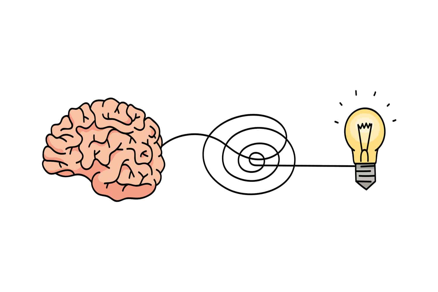 Creative thinking - brain icon connected to new idea lightbulb symbol with freehand spiral line